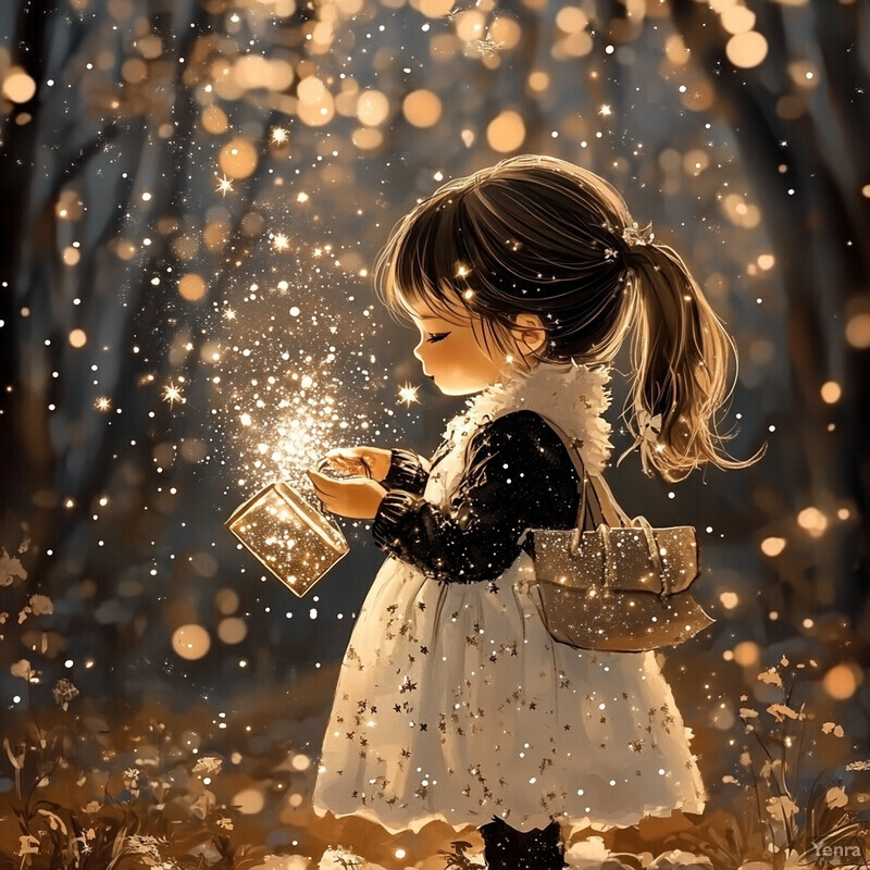 A young girl in a white dress holds a sparkly lantern, surrounded by soft bokeh lights outdoors at night.