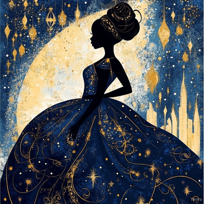 A silhouette of a woman in a ballgown against a celestial backdrop.