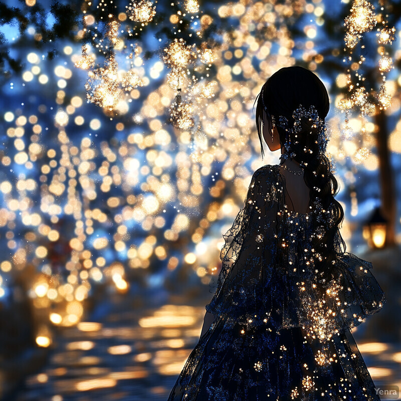 A woman in a glittering black gown stands amidst a backdrop of trees with twinkling lights, exuding an ethereal beauty and wonder.