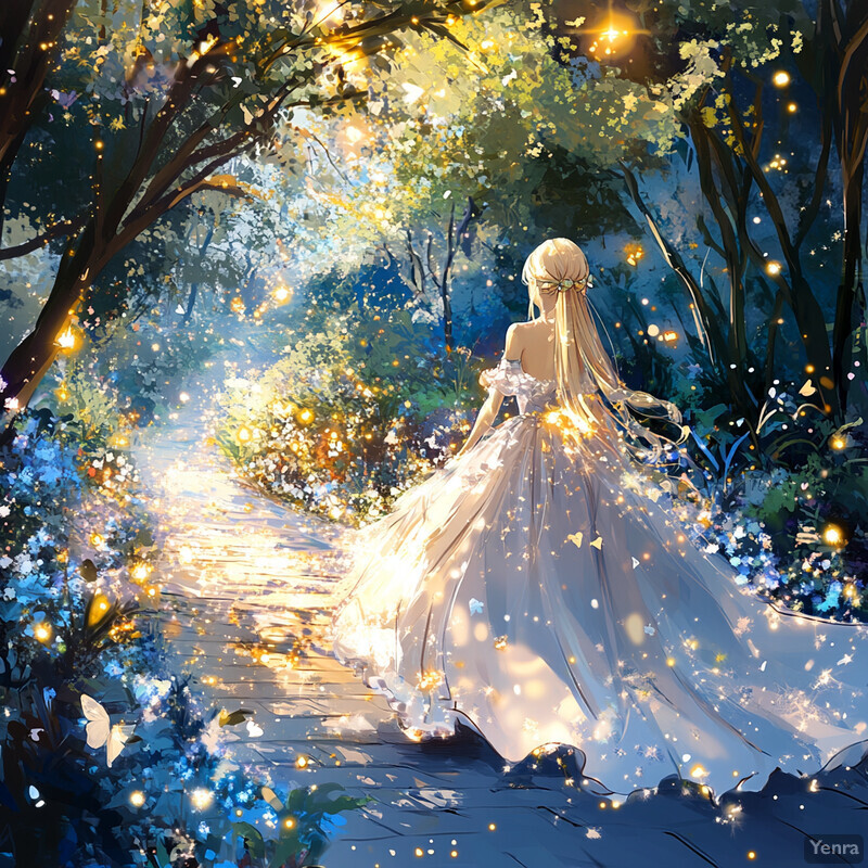 A woman in a white dress strolls through a forest at night surrounded by fireflies and flowers.