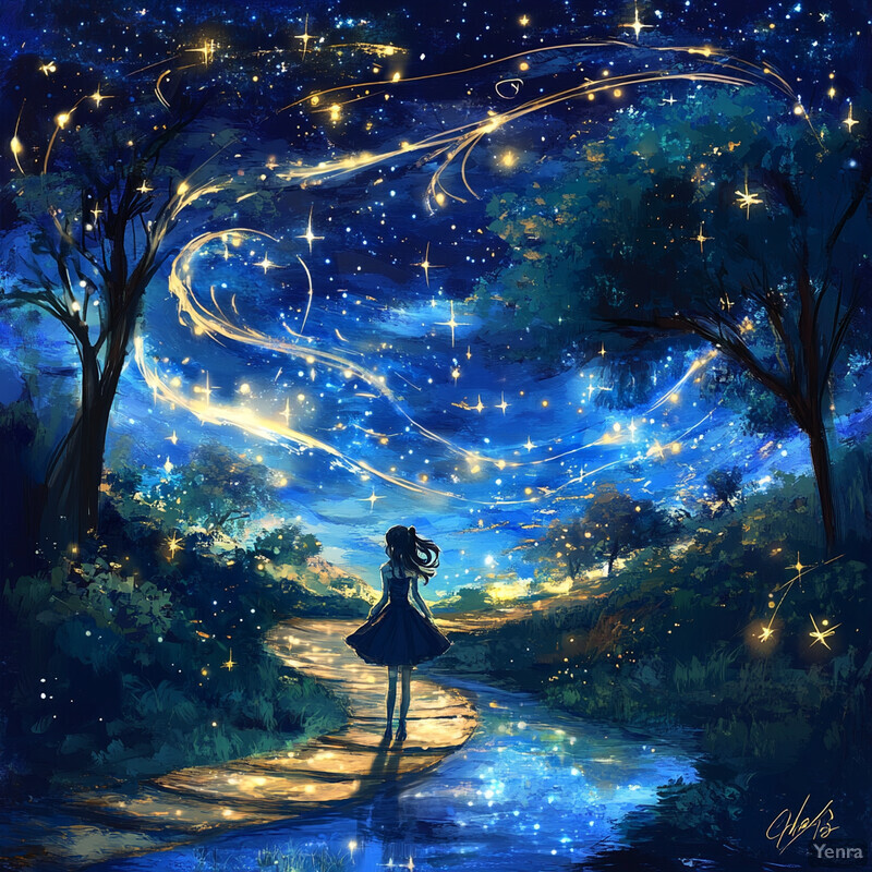 A serene and enchanting scene of a woman strolling through a forest at night, surrounded by stars and fireflies.