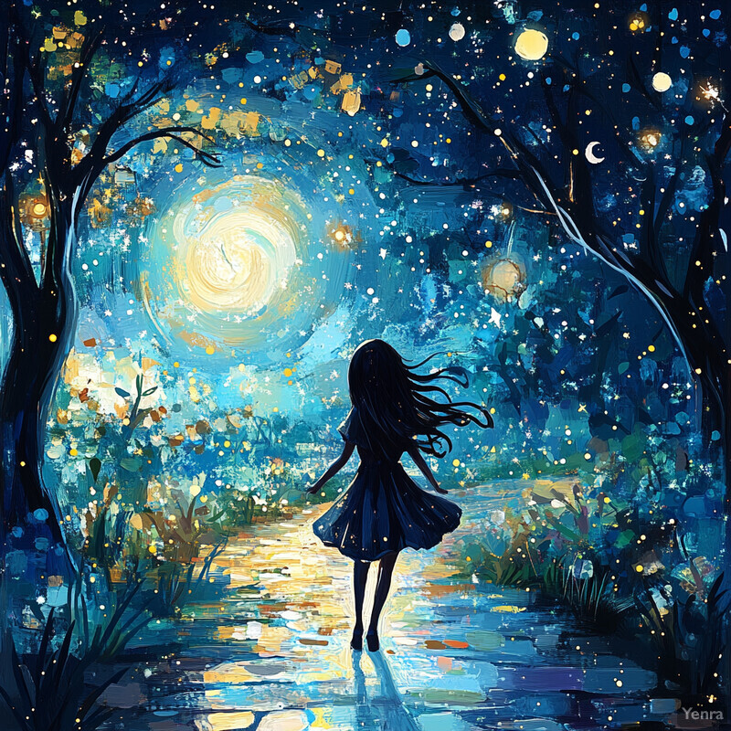 A woman strolls through a forest at night, surrounded by vibrant colors and life.