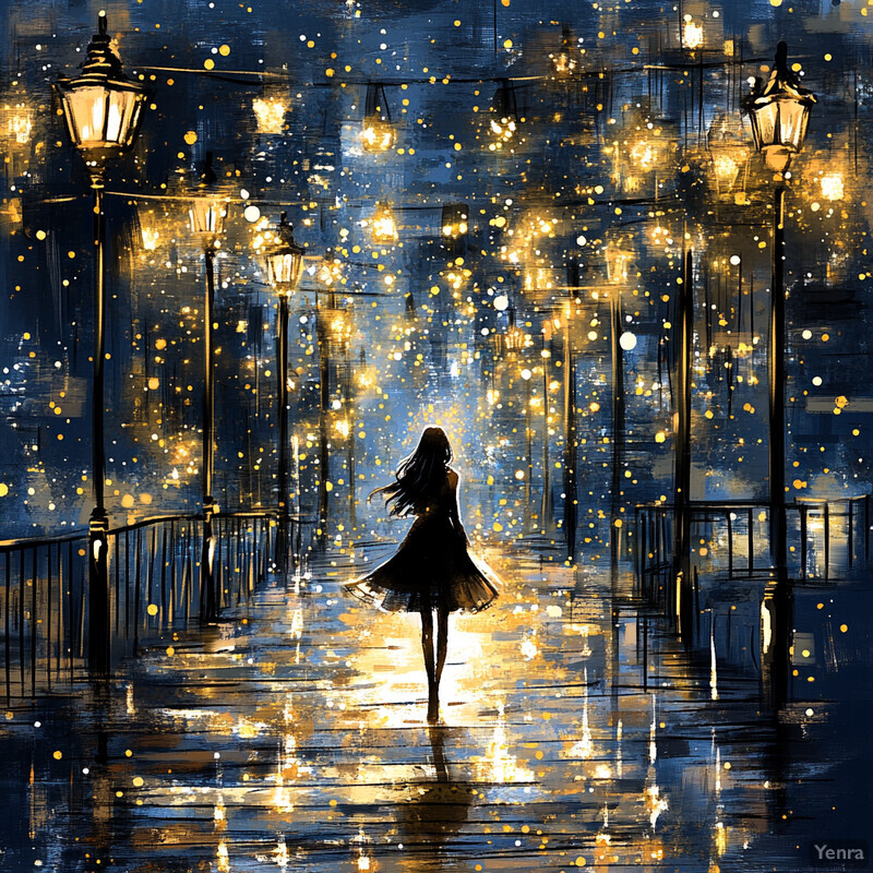 A woman strolls through a city street at night, leaving behind a trail of sparkles.