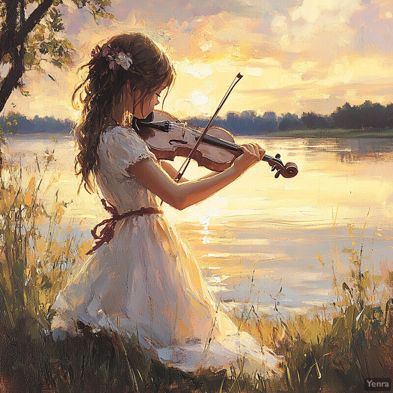 A young girl plays the violin by a lake at sunset.