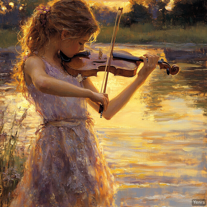 A young girl plays the violin in a lush green field during sunset.