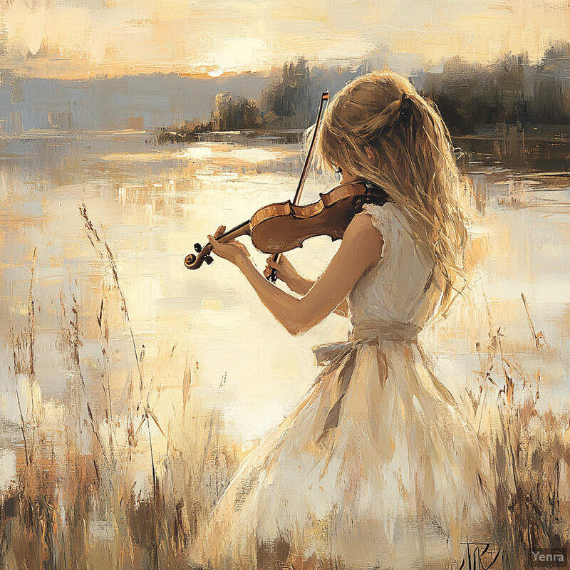 A young girl plays the violin in a field with tall grass and wildflowers.