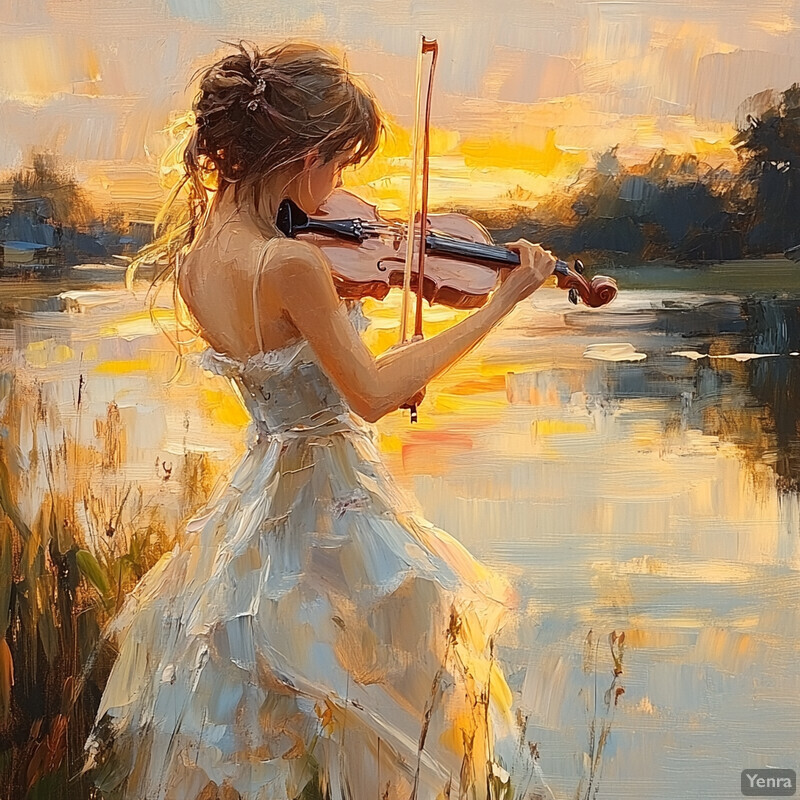 A woman plays the violin in a lush green field, surrounded by trees and bushes, creating a sense of harmony between nature and artistry.