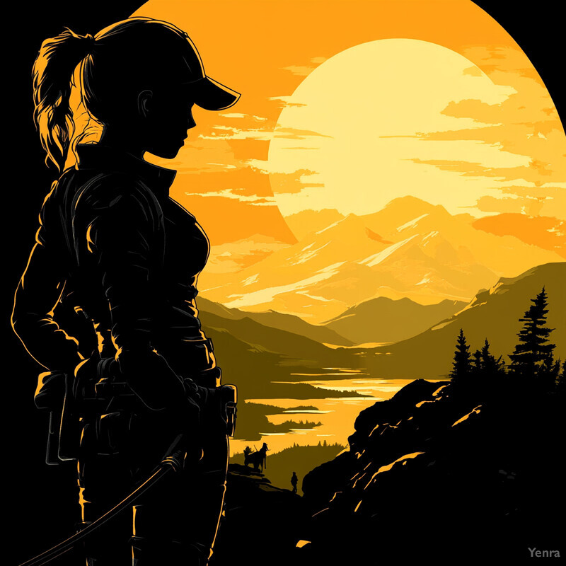 A woman stands in front of a mountain range at sunset, holding a rifle or shotgun.