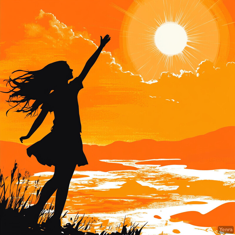 A woman stands in front of a body of water, arms raised towards the sun, with an orange sky and white clouds in the background.