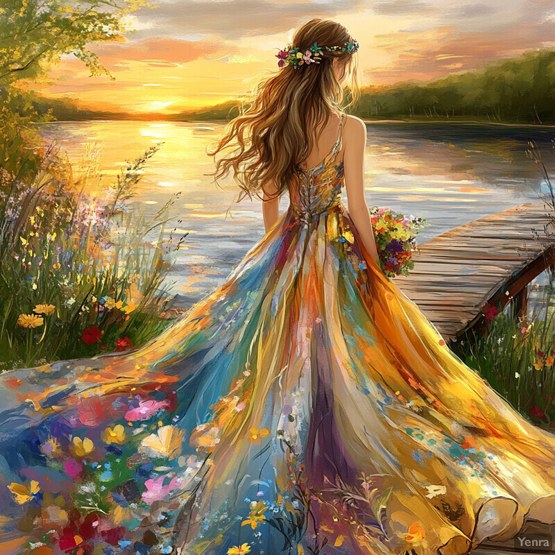 A serene scene of a woman standing on a dock overlooking a body of water at sunset