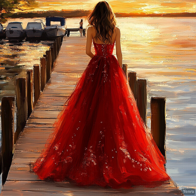 Woman in red dress walking away from camera on dock by the water