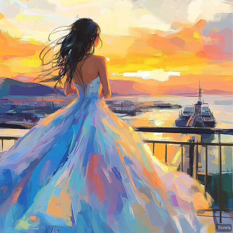 A woman in a long dress stands on a bridge overlooking a body of water, looking out at the calm and peaceful scenery.