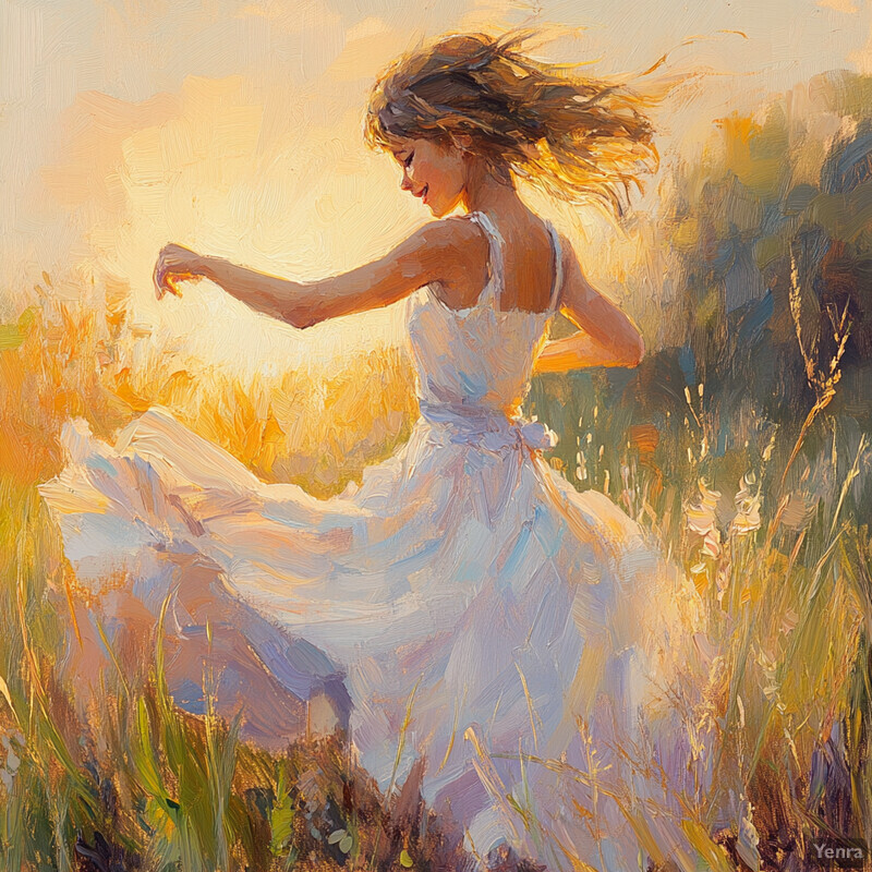 A young woman dances in a field at sunset, surrounded by lush greenery and a vibrant sunset.