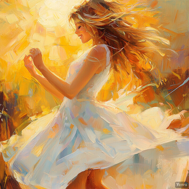 A young woman twirls in a white dress, surrounded by vibrant colors and loose brushstrokes.