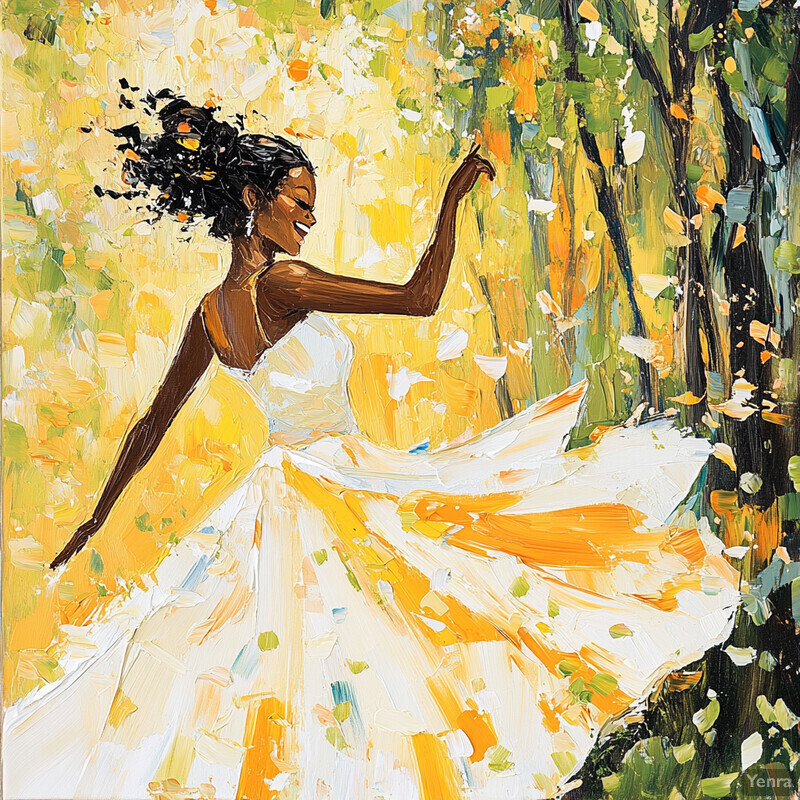 A woman in a white dress stands in front of a tree, surrounded by a warm yellow background.