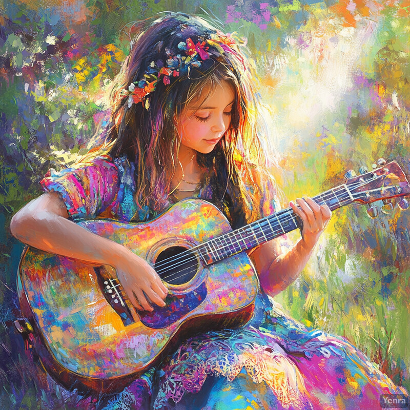 A young girl playing an acoustic guitar in a field