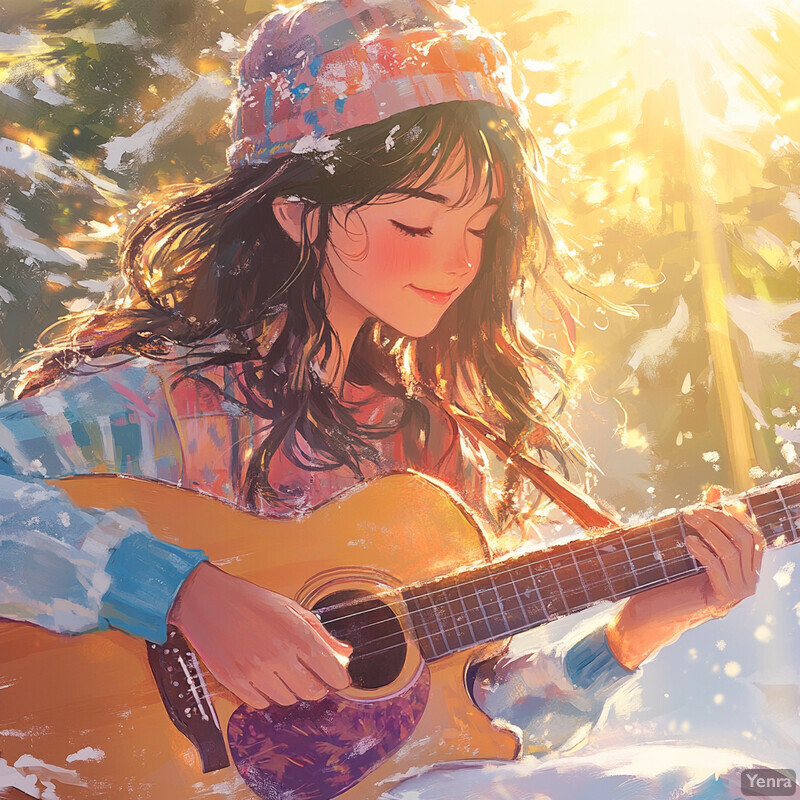 A young girl plays a guitar in the snow, surrounded by snow-covered trees and a bright yellow sky.