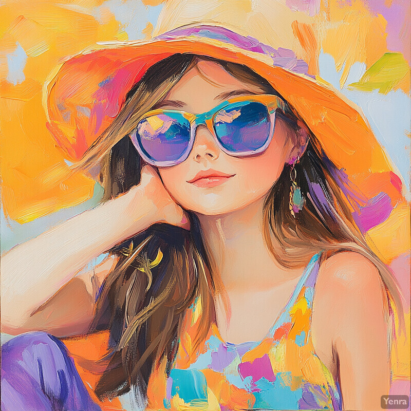 A young woman in sunglasses and a wide-brimmed hat set against a vibrant background.