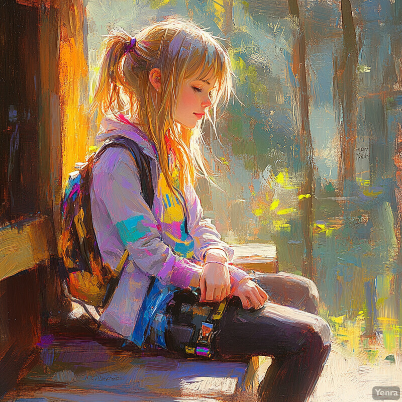 A young girl sits on a bench, gazing down at a small camera or device in her hands, surrounded by a blurred outdoor setting.