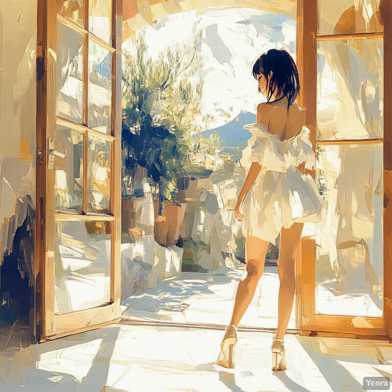 A young woman stands in front of a window with her back to the viewer, wearing a white dress and pale gold sandals.