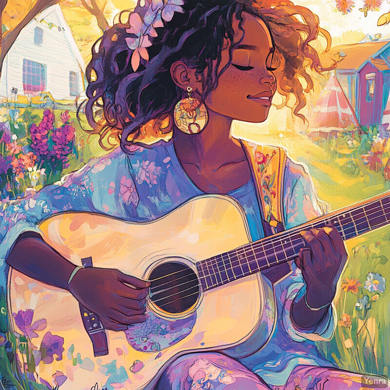 A serene scene of a woman playing guitar in a garden setting