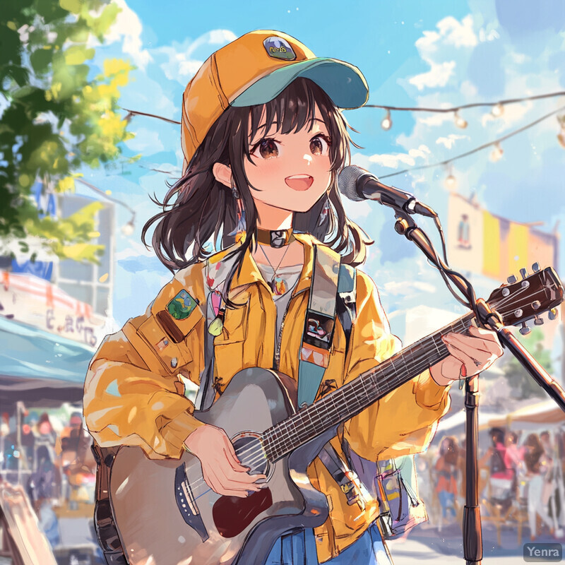 A young girl performing with her guitar in front of a microphone stand on a city street.