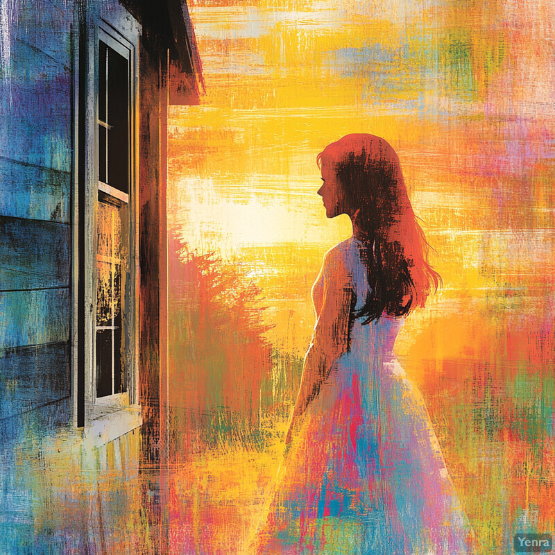 Woman standing in front of a house at sunset