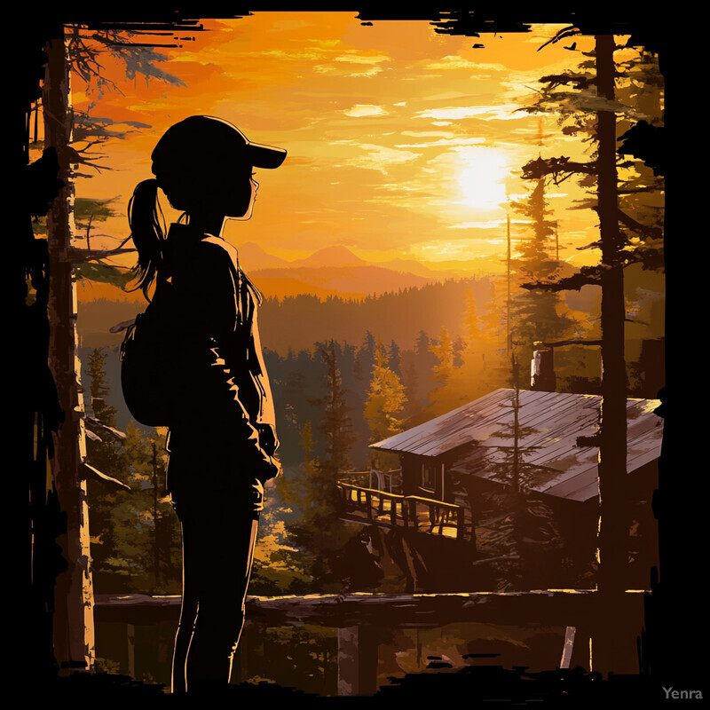 A woman stands in front of a cabin, gazing out at a sunset.