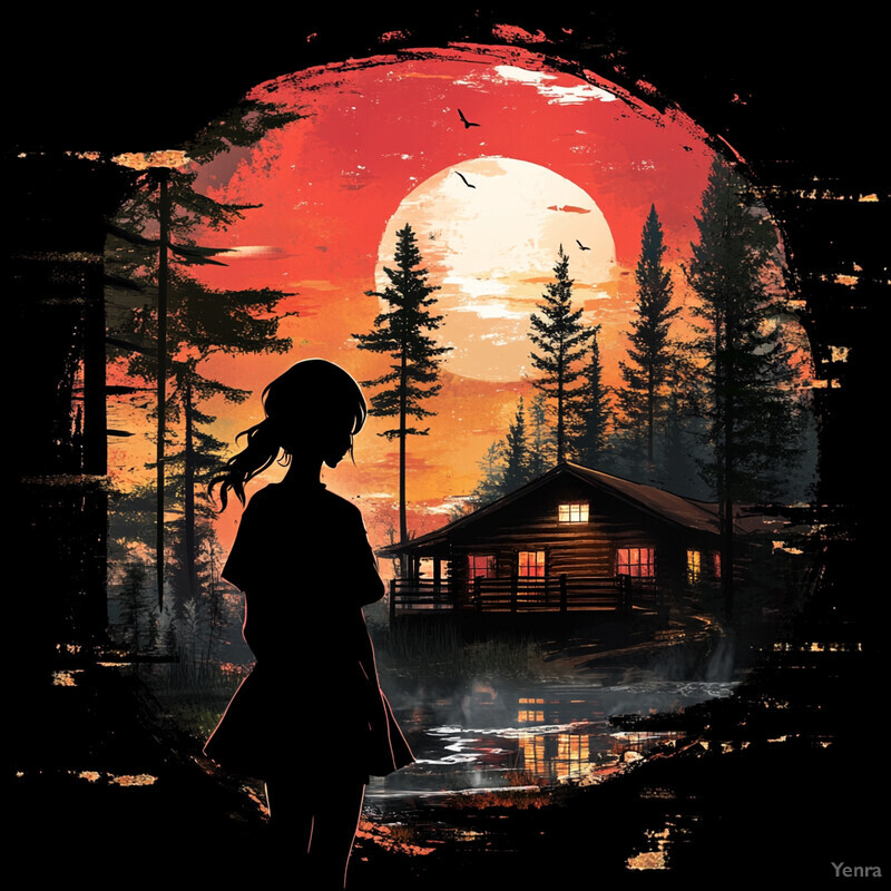 A girl stands in front of a cabin at sunset, surrounded by trees and wildlife.