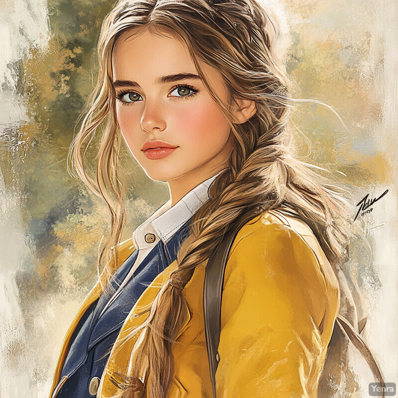 A young girl in a yellow jacket looks over her shoulder at the viewer, set against a natural background.