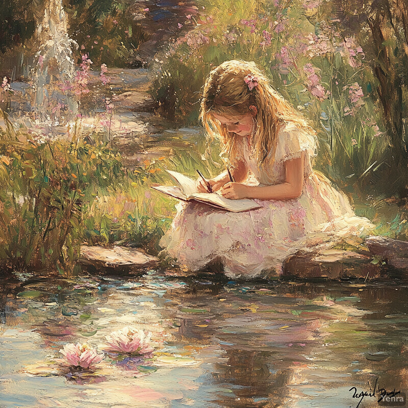 A young girl sits by a pond, writing in her book amidst lush greenery and vibrant flowers.