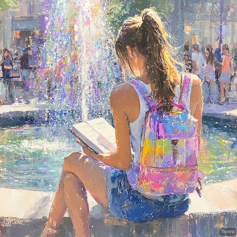 A young woman sits by a fountain, reading a book and surrounded by a peaceful atmosphere.