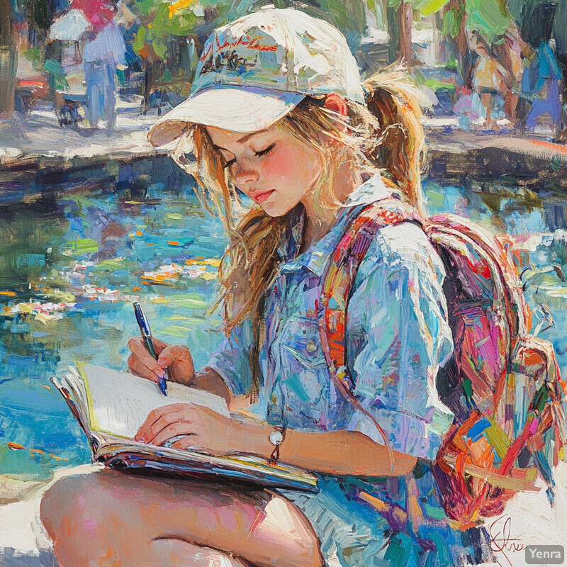 A young girl sketches by a serene body of water