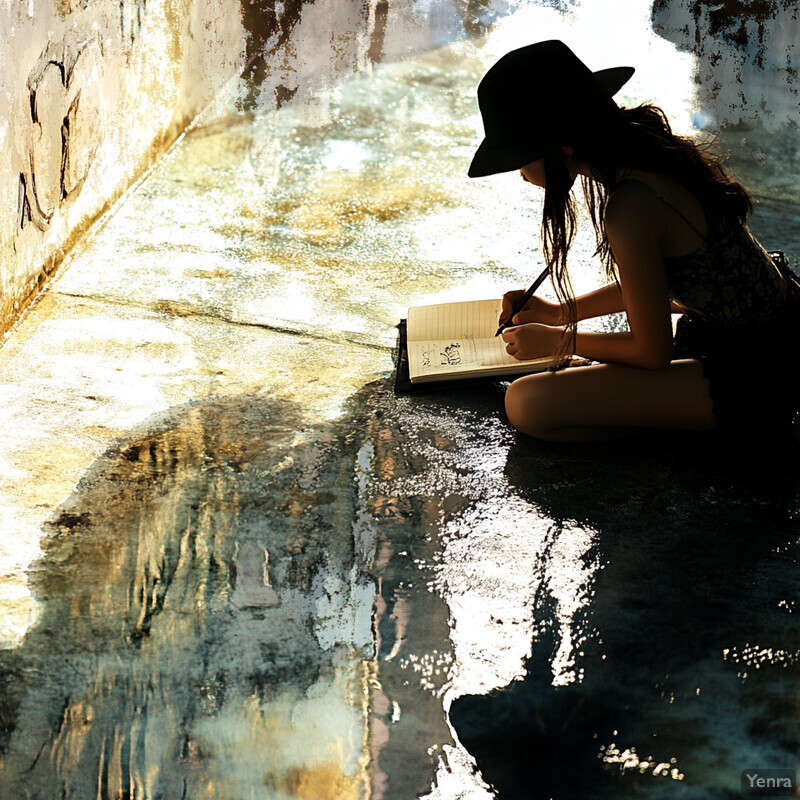 A woman sits in a serene setting, writing in a notebook while surrounded by water and graffiti.