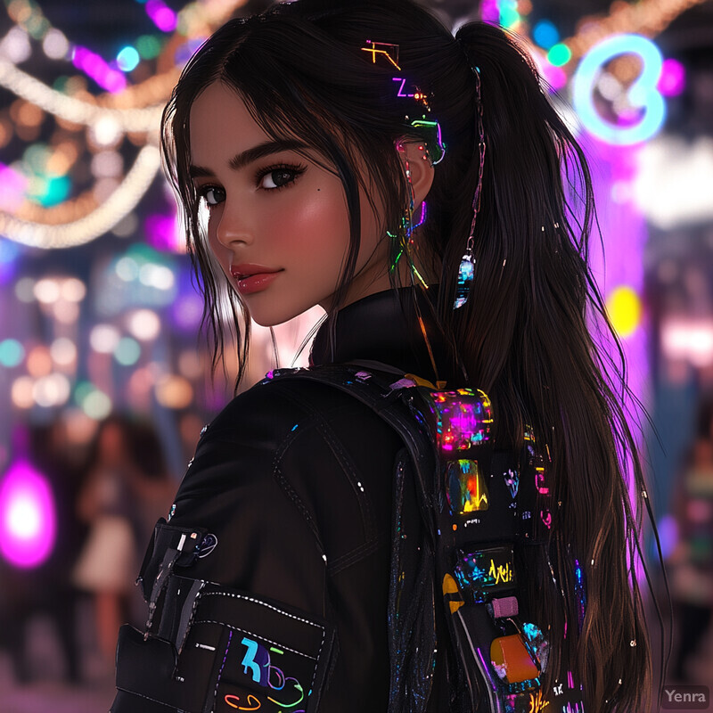 A woman with dark hair styled in a ponytail, wearing a black jacket with neon designs, posing in an urban setting.