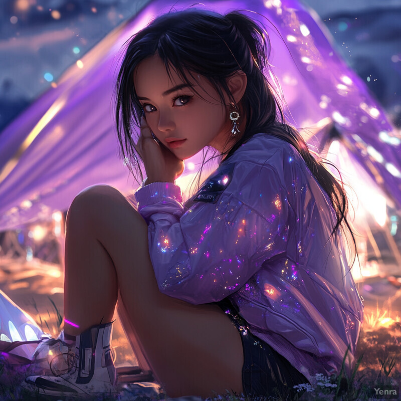 A young woman with dark hair sits on the ground in front of a vibrant purple tent, wearing a sequined jacket and black shorts, conveying a sense of youthful energy and style.