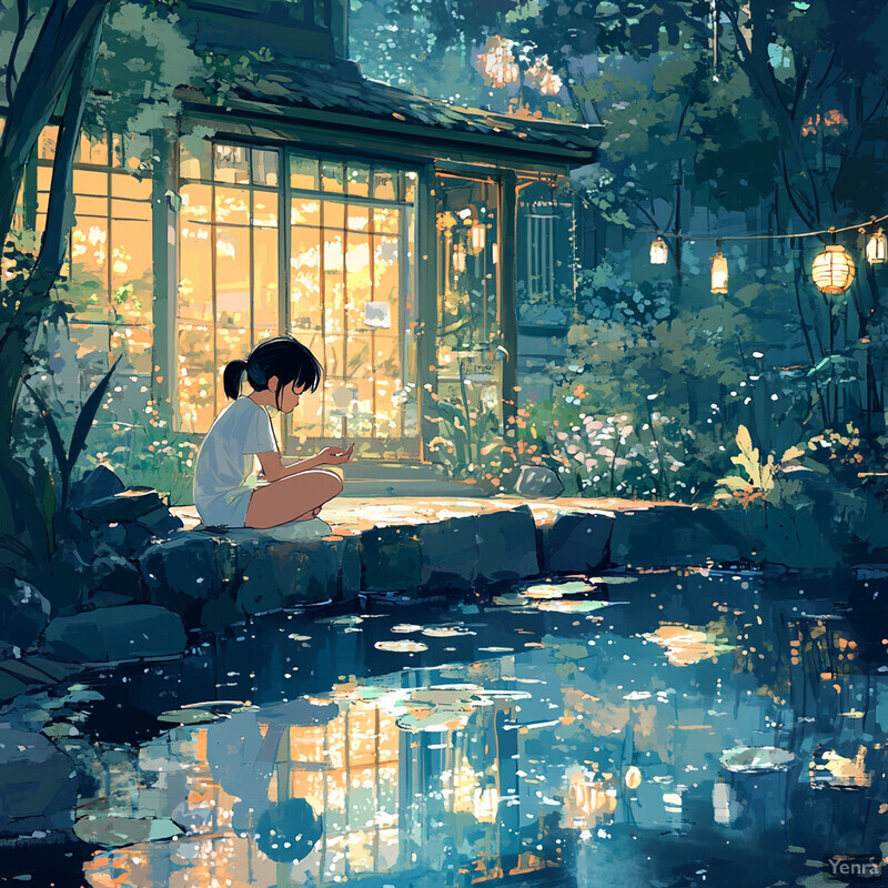 A young girl sits on a rock in front of a house, surrounded by lush greenery, lost in thought as she focuses on something in her lap.