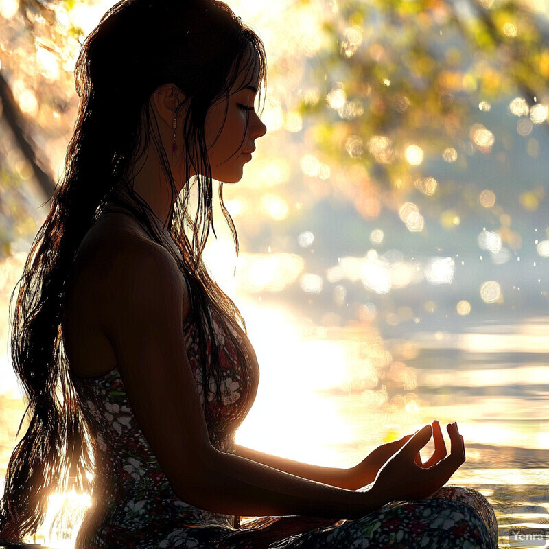 A woman in a yoga pose on a rock by the water's edge