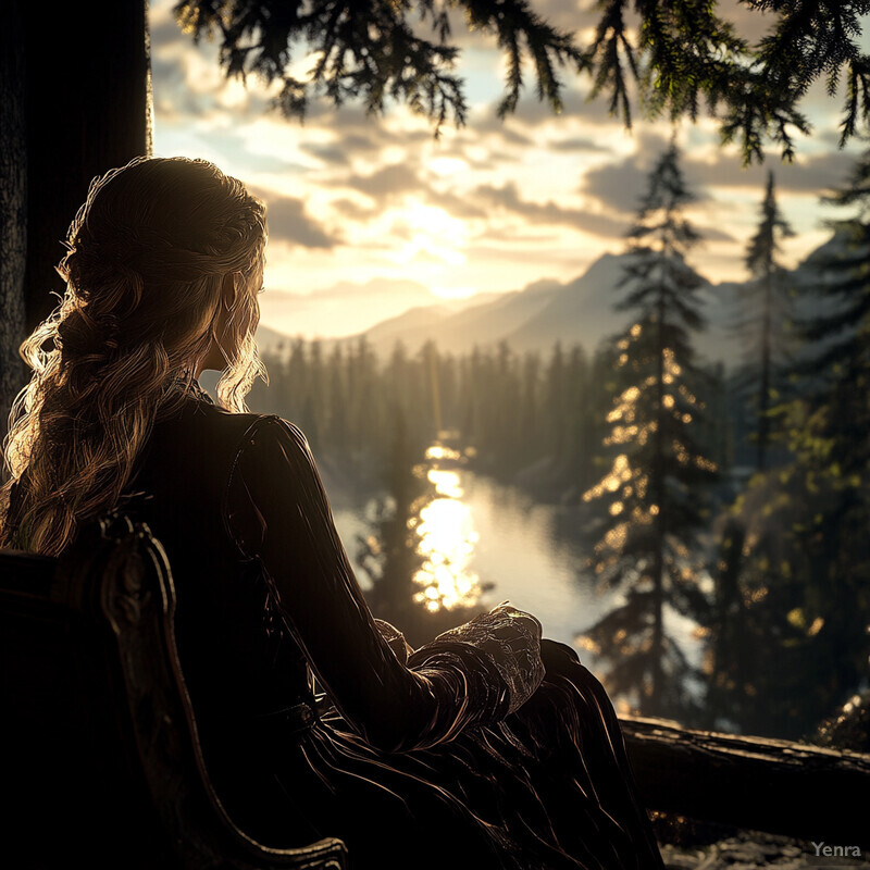 A woman sits by a lake, surrounded by greenery and mountains in the background.