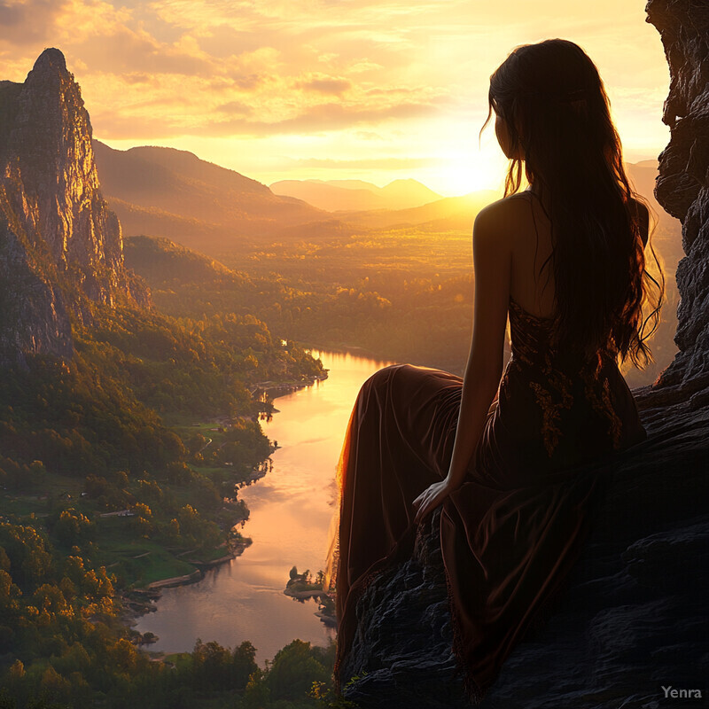 A woman sits on a cliff overlooking a picturesque valley, dressed in a flowing red dress and gazing out at the breathtaking view.