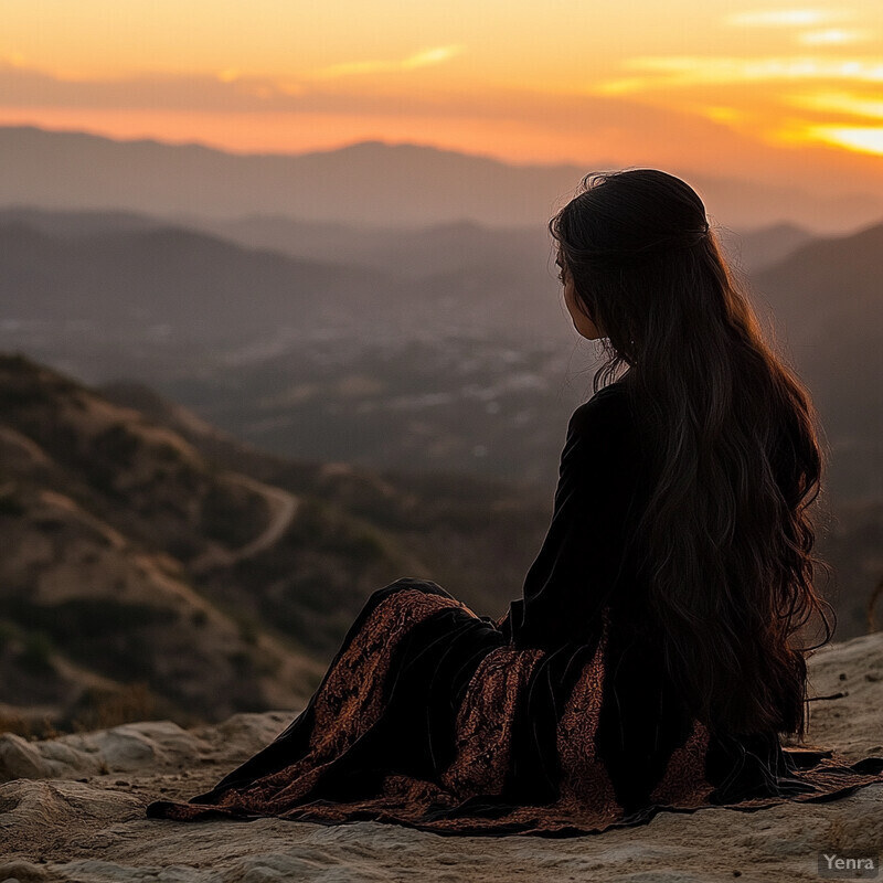 A woman sits on a rocky outcrop, gazing at a sunset