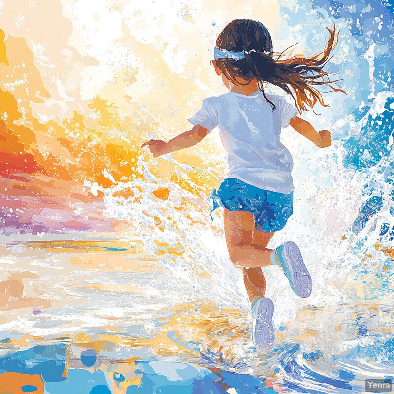 A young girl runs along the beach at sunset, surrounded by vibrant colors and a serene atmosphere.