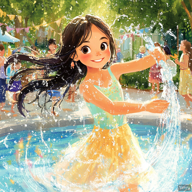 A young girl plays in a pool surrounded by lush greenery, enjoying a carefree summer day.