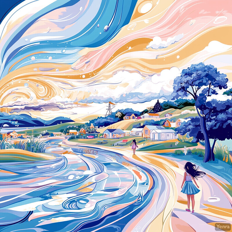 A whimsical scene of two girls walking along a winding road on a sunny day with vibrant swirling clouds in the sky