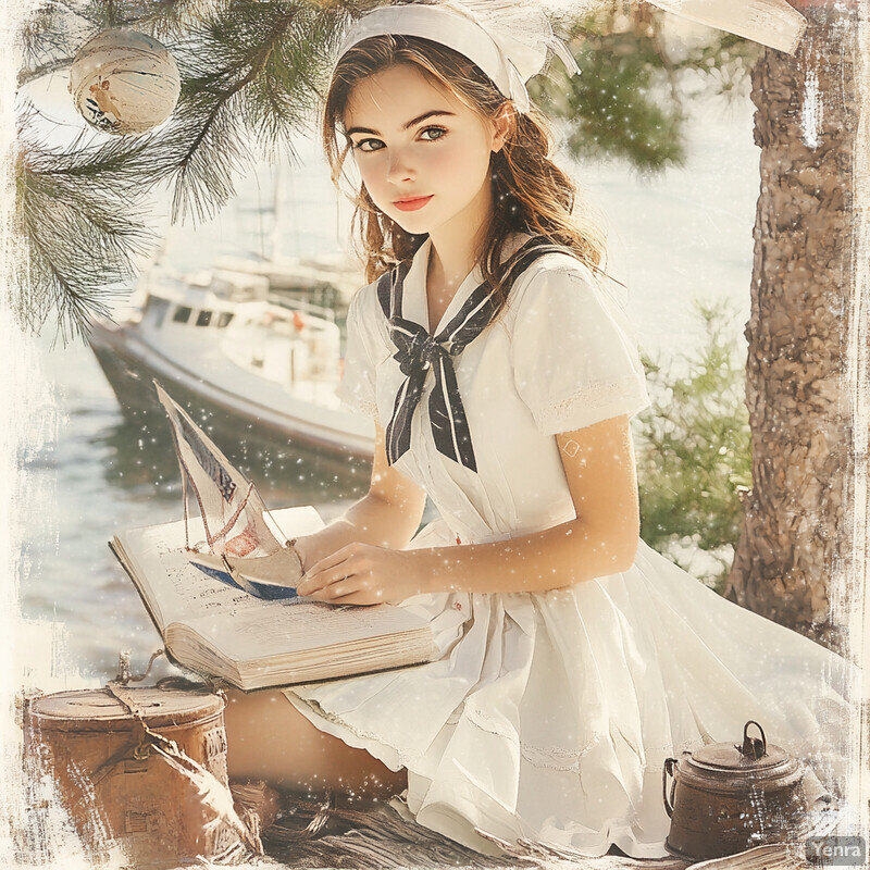 A young woman sits on a dock or pier, surrounded by natural elements and vintage items, exuding a sense of tranquility and nostalgia.