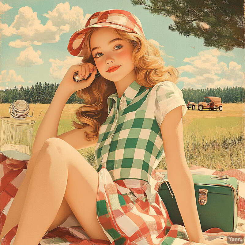 A young woman sits on a picnic blanket in an open field, surrounded by lush greenery and trees.