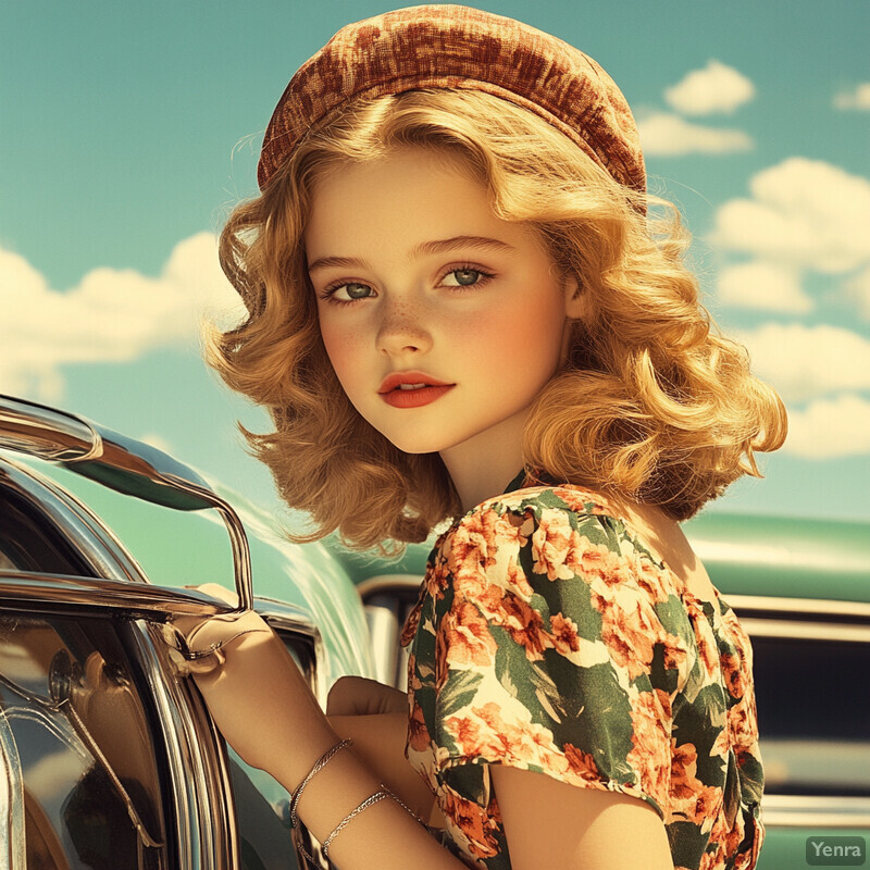 Vintage photograph of a young girl sitting in a car