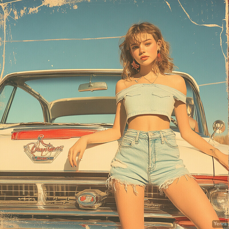 A young woman poses confidently in front of an older-model car with red accents.