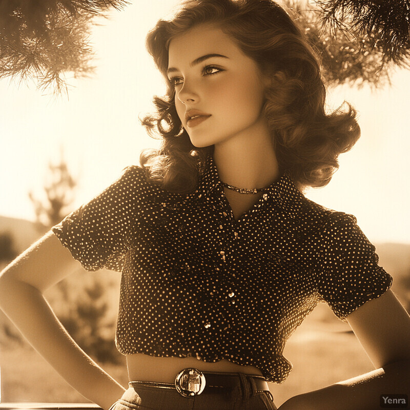 A woman stands confidently in front of a tree, dressed in a blue polka-dot dress and jacket, with a purse in hand, set against an overcast sky.