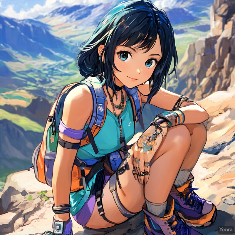 Anime-style illustration of a young woman sitting on a rocky outcrop overlooking mountains